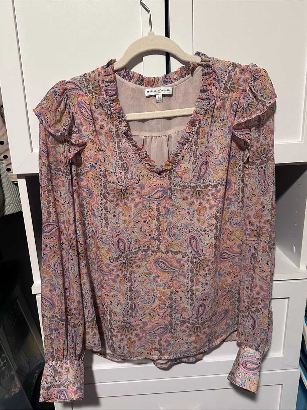 Maison d'Amélie Paisley Ruffle Blouse Sheer Sleeve Size L